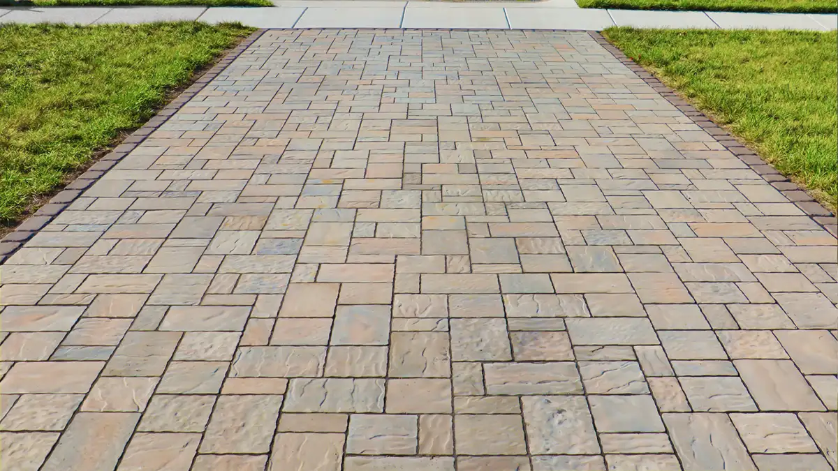 Paver walkway with curved design connecting front entry to driveway