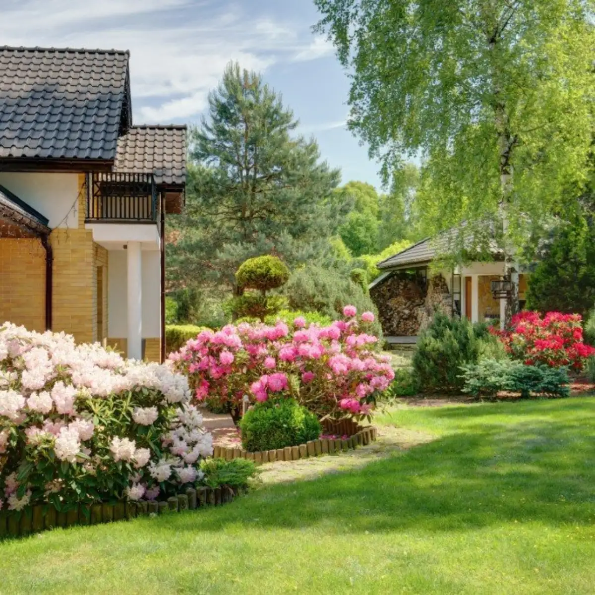Before and after landscape renovation with new plantings and stone border